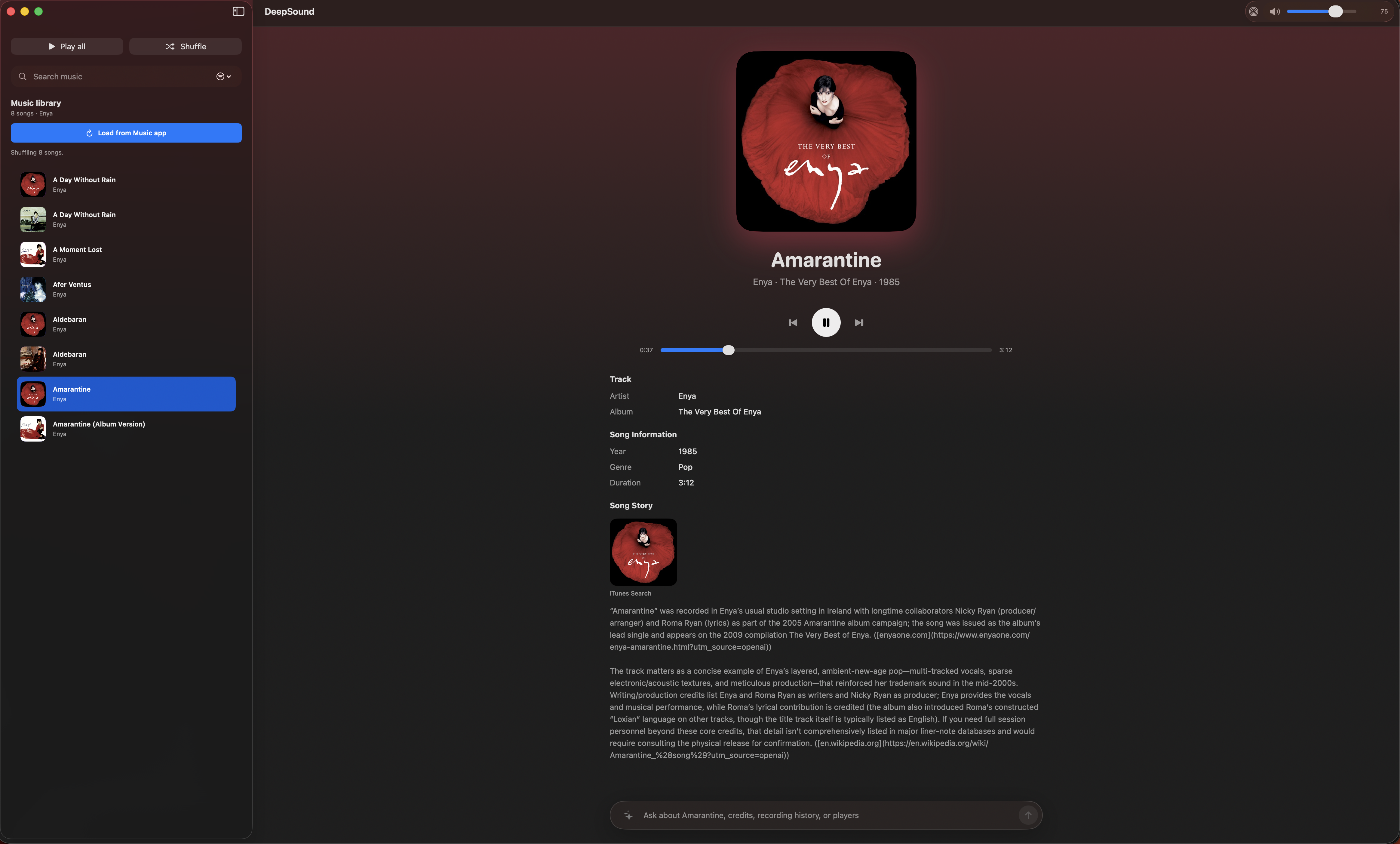 DeepSound app showing song details and music research